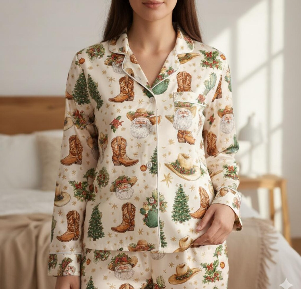Christmas Cowboy Satin Pajamas Set, Western Christmas Pajamas, Family Xmas Matching Pyjama, Cowboy Santa Pjs, Western Rodeo Themed Pajamas