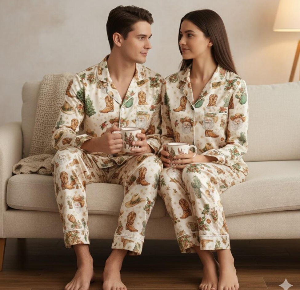 Christmas Cowboy Satin Pajamas Set, Western Christmas Pajamas, Family Xmas Matching Pyjama, Cowboy Santa Pjs, Western Rodeo Themed Pajamas