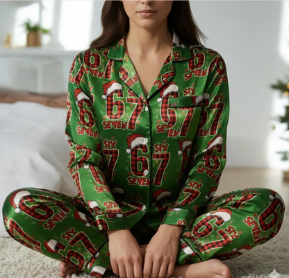Funny 67 Plaid Christmas Satin Pajamas Set, Trendy Christmas Sleepwear, 6 7 Meme Pajamas, Six Seven Xmas Pajamas, Family Christmas Pajamas