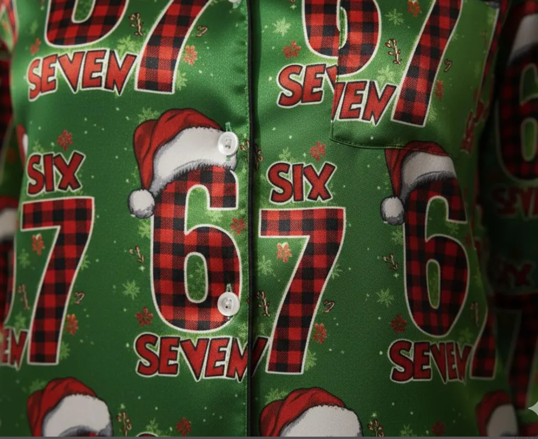 Funny 67 Plaid Christmas Satin Pajamas Set, Trendy Christmas Sleepwear, 6 7 Meme Pajamas, Six Seven Xmas Pajamas, Family Christmas Pajamas