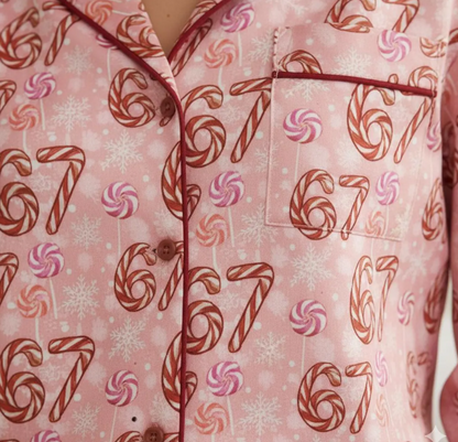 Funny 67 Candy Canes Christmas Satin Pajamas Set, Trendy Christmas Sleepwear, 6 7 Meme Holiday Pajama, Six Seven Pajama, Family Xmas Pajamas