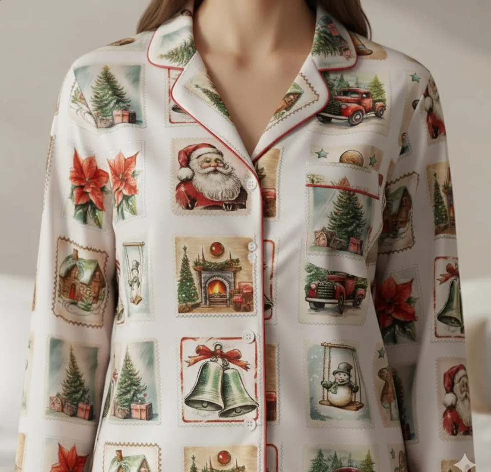 Retro Christmas Postage Stamp Christmas Satin Pajamas Set, Santa Claus Stamps Pajamas, Family Christmas Matching Pajamas, Christmas Pajamas