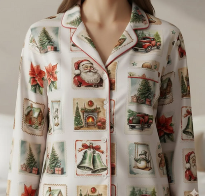 Retro Christmas Postage Stamp Christmas Satin Pajamas Set, Santa Claus Stamps Pajamas, Family Christmas Matching Pajamas, Christmas Pajamas