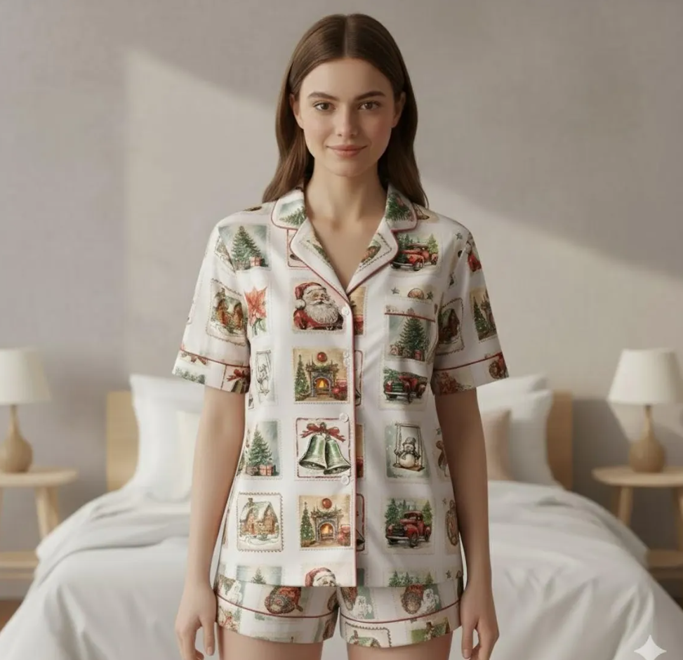 Retro Christmas Postage Stamp Christmas Satin Pajamas Set, Santa Claus Stamps Pajamas, Family Christmas Matching Pajamas, Christmas Pajamas