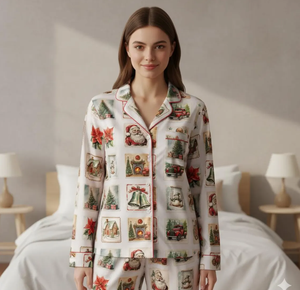 Retro Christmas Postage Stamp Christmas Satin Pajamas Set, Santa Claus Stamps Pajamas, Family Christmas Matching Pajamas, Christmas Pajamas