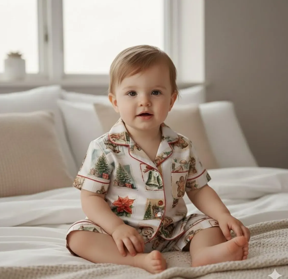 Retro Christmas Postage Stamp Christmas Satin Pajamas Set, Santa Claus Stamps Pajamas, Family Christmas Matching Pajamas, Christmas Pajamas