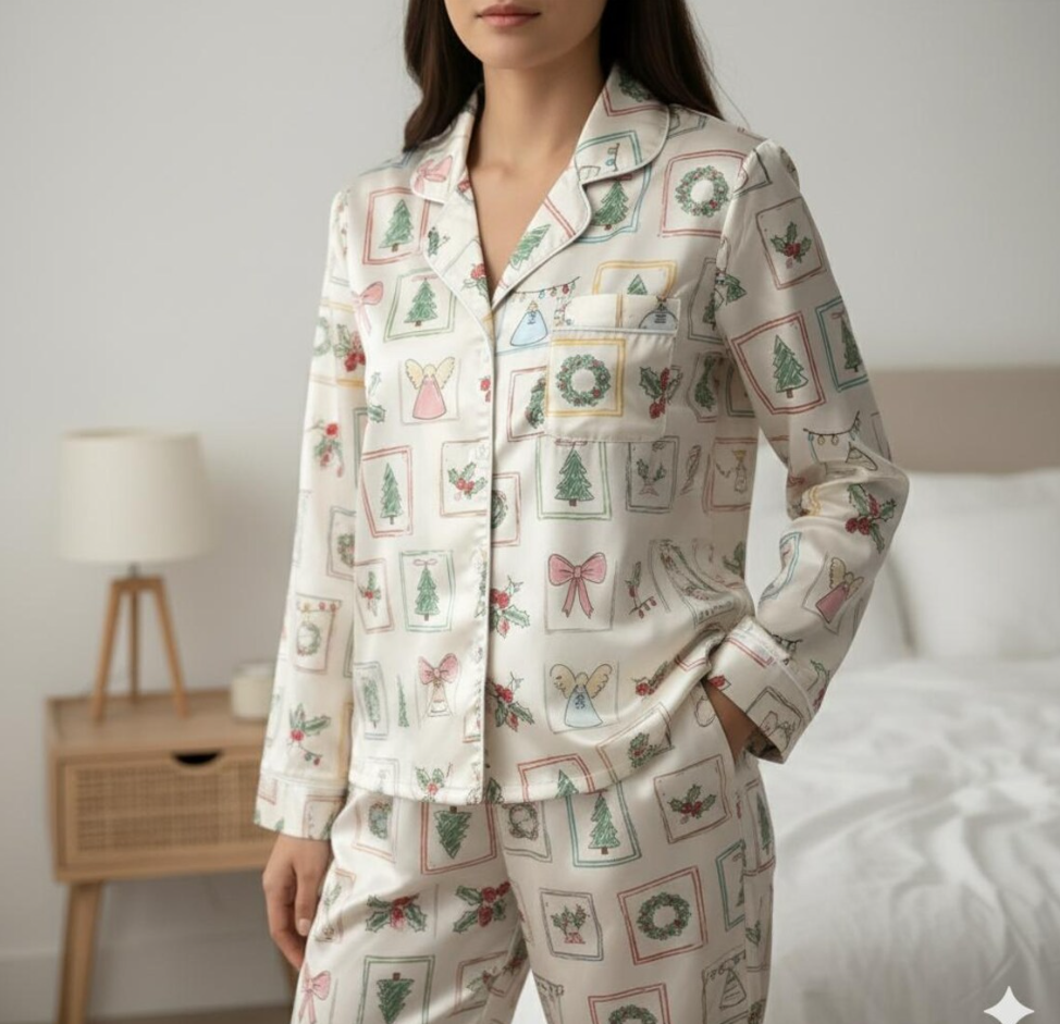 Coquette Christmas Satin Pajamas Set, Coquette Christmas Tree Pyjama Set, Family Matching Pajamas, Coquette Holiday Pajama, Christmas Pajama