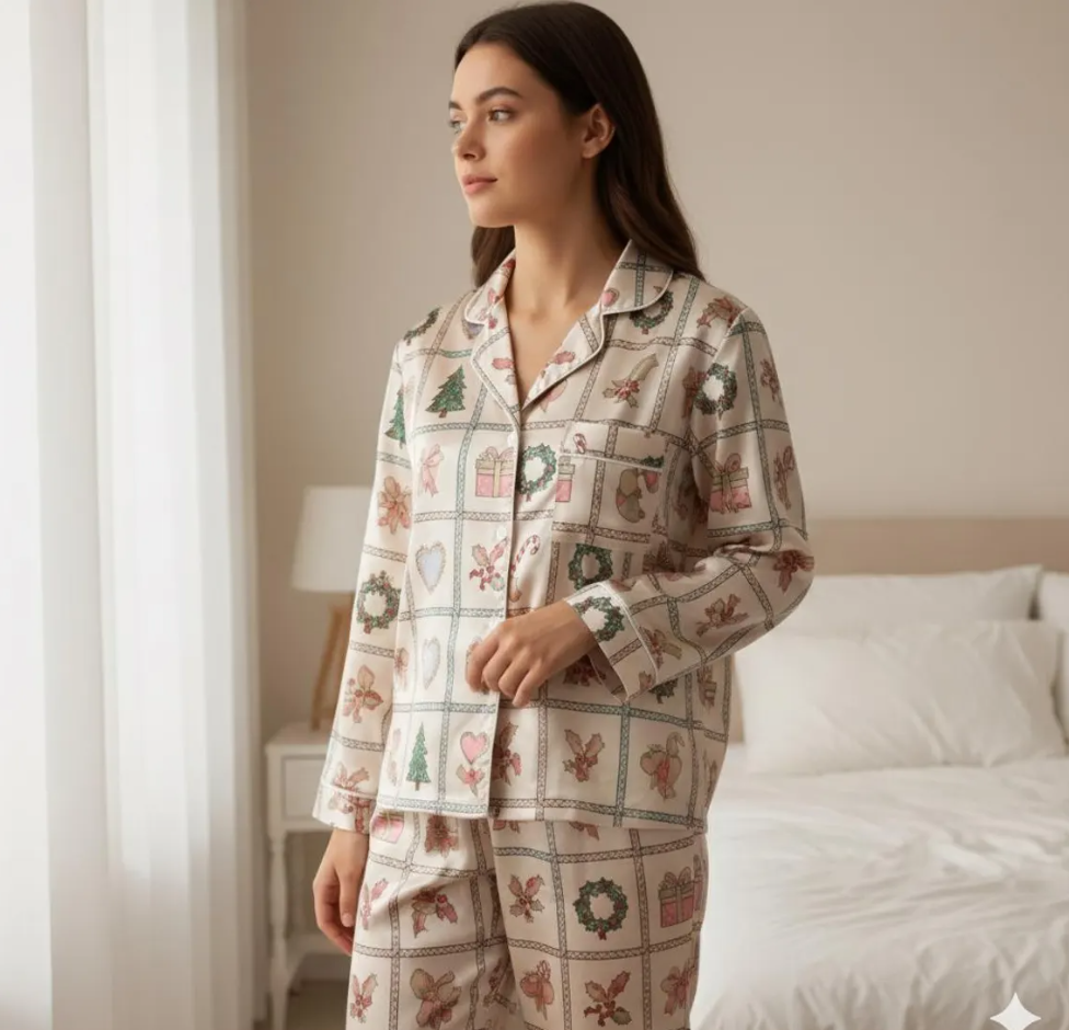 Coquette Christmas Satin Pajamas Set, Coquette Bow Christmas Pyjama Set, Family Matching Pajamas, Coquette Santa Claus Winter Holiday Pajama