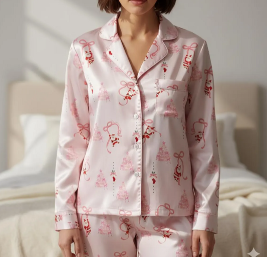 Coquette Christmas Santa Claus Satin Pajamas Set, Coquette Bow Christmas Pajamas Set, Family Matching Pyjama, Coquette Winter Holiday Pajama
