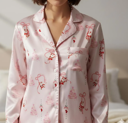 Coquette Christmas Santa Claus Satin Pajamas Set, Coquette Bow Christmas Pajamas Set, Family Matching Pyjama, Coquette Winter Holiday Pajama