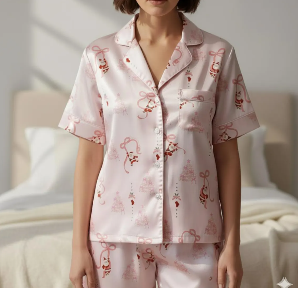 Coquette Christmas Santa Claus Satin Pajamas Set, Coquette Bow Christmas Pajamas Set, Family Matching Pyjama, Coquette Winter Holiday Pajama