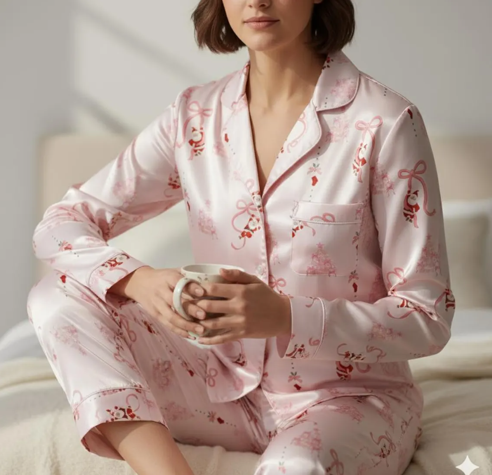 Coquette Christmas Santa Claus Satin Pajamas Set, Coquette Bow Christmas Pajamas Set, Family Matching Pyjama, Coquette Winter Holiday Pajama