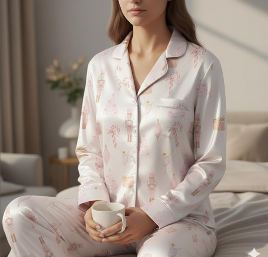 Pink Coquette Nutcracker Christmas Satin Pajamas Set, Coquette Bow Christmas Pajamas Set, Family Matching Pyjama, Coquette Christmas Pajamas