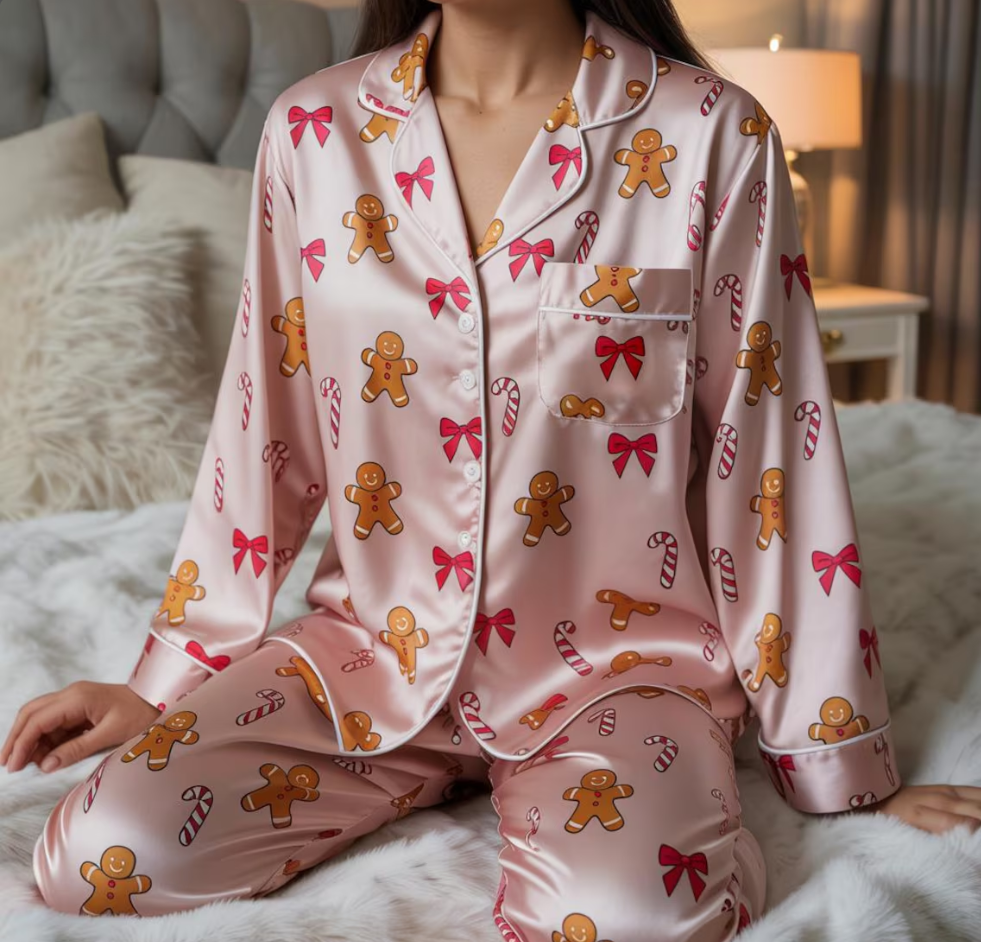 Coquette Gingerbread Man and Candy Cane Satin Pajamas Set, Christmas Pajamas, Cozy Holiday Sleepwear, Matching Family Christmas Loungewear