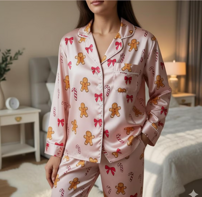 Coquette Gingerbread Man and Candy Cane Satin Pajamas Set, Christmas Pajamas, Cozy Holiday Sleepwear, Matching Family Christmas Loungewear