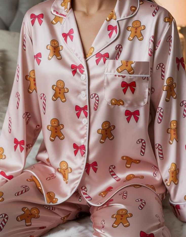 Coquette Gingerbread Man and Candy Cane Satin Pajamas Set, Christmas Pajamas, Cozy Holiday Sleepwear, Matching Family Christmas Loungewear