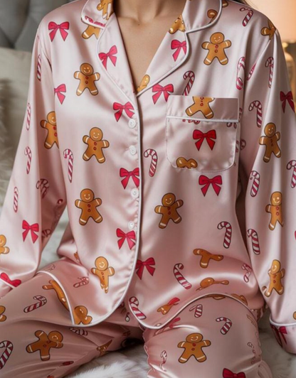 Coquette Gingerbread Man and Candy Cane Satin Pajamas Set, Christmas Pajamas, Cozy Holiday Sleepwear, Matching Family Christmas Loungewear