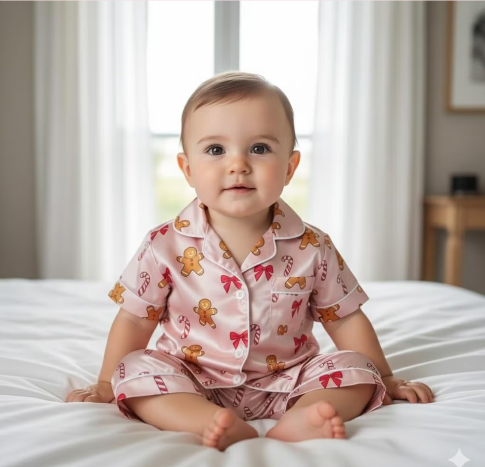 Coquette Gingerbread Man and Candy Cane Satin Pajamas Set, Christmas Pajamas, Cozy Holiday Sleepwear, Matching Family Christmas Loungewear