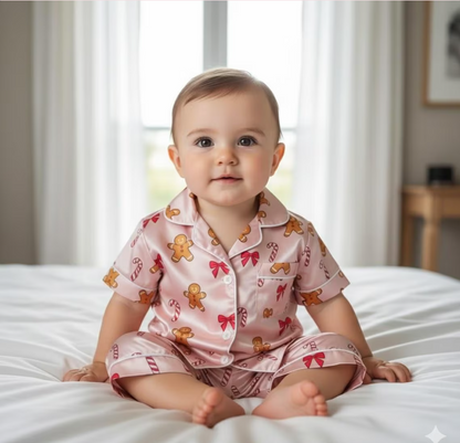 Coquette Gingerbread Man and Candy Cane Satin Pajamas Set, Christmas Pajamas, Cozy Holiday Sleepwear, Matching Family Christmas Loungewear