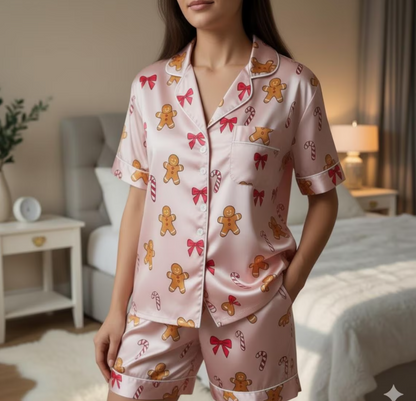 Coquette Gingerbread Man and Candy Cane Satin Pajamas Set, Christmas Pajamas, Cozy Holiday Sleepwear, Matching Family Christmas Loungewear