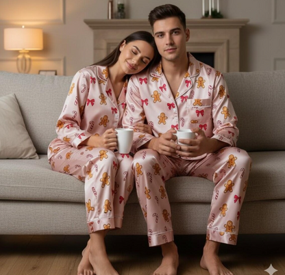 Coquette Gingerbread Man and Candy Cane Satin Pajamas Set, Christmas Pajamas, Cozy Holiday Sleepwear, Matching Family Christmas Loungewear