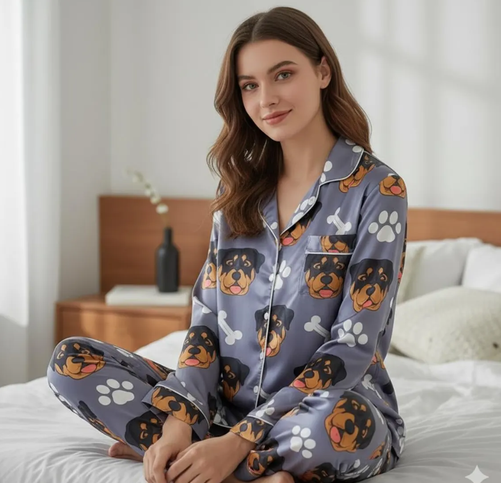 Personalized Dog Pet Face Satin Pajamas Set, Custom Pet Face Pajamas, Pet Portrait Pajamas Set, Custom Cat Photo Pajamas, Pet Photo Pajamas