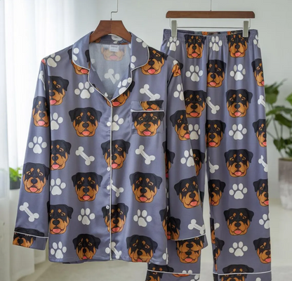 Personalized Dog Pet Face Satin Pajamas Set, Custom Pet Face Pajamas, Pet Portrait Pajamas Set, Custom Cat Photo Pajamas, Pet Photo Pajamas