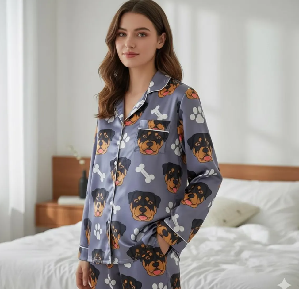 Personalized Dog Pet Face Satin Pajamas Set, Custom Pet Face Pajamas, Pet Portrait Pajamas Set, Custom Cat Photo Pajamas, Pet Photo Pajamas