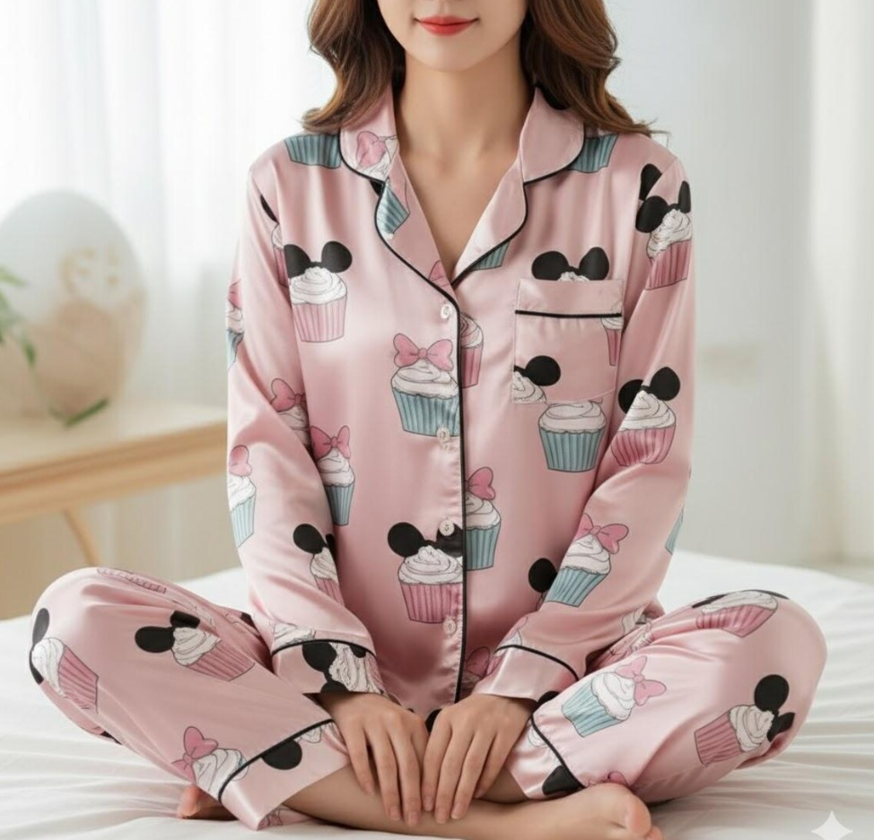 Mickey Mouse Christmas Cupcake Satin Pajamas Set, Christmas Pajamas, Very Merry Christmas Pjs, Disneyland Xmas Pajamas, Disneyu Cupcake Pjs