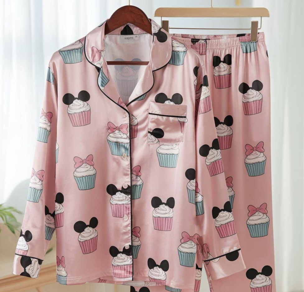 Mickey Mouse Christmas Cupcake Satin Pajamas Set, Christmas Pajamas, Very Merry Christmas Pjs, Disneyland Xmas Pajamas, Disneyu Cupcake Pjs