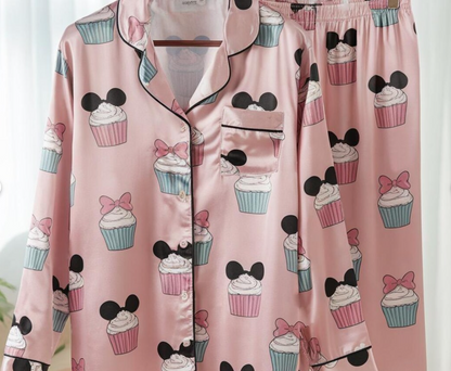 Mickey Mouse Christmas Cupcake Satin Pajamas Set, Christmas Pajamas, Very Merry Christmas Pjs, Disneyland Xmas Pajamas, Disneyu Cupcake Pjs