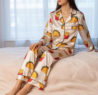 Fast Food Print Satin Pajama Set, Taco Bell Pajamas Set, Taco Bell Pajamas Set, Funny Taco PJs for Food Lovers, Fast Food Fries Sleepwear