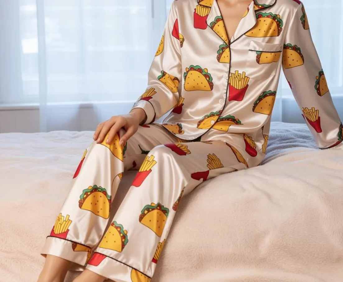 Fast Food Print Satin Pajama Set, Taco Bell Pajamas Set, Taco Bell Pajamas Set, Funny Taco PJs for Food Lovers, Fast Food Fries Sleepwear