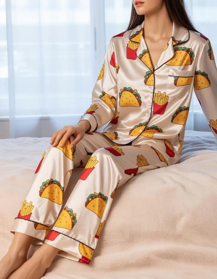 Fast Food Print Satin Pajama Set, Taco Bell Pajamas Set, Taco Bell Pajamas Set, Funny Taco PJs for Food Lovers, Fast Food Fries Sleepwear