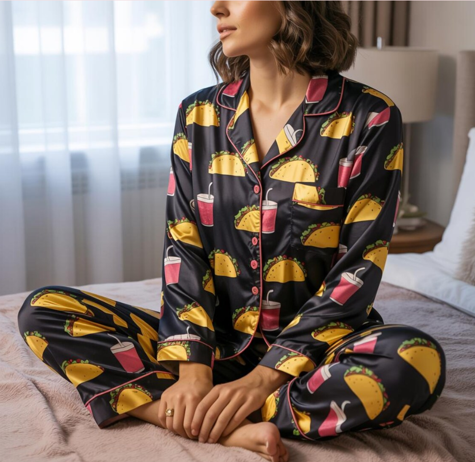 Cute Taco Bell Satin Pajamas Set, Christmas Pajamas, Tacos and Soda Cup Pajamas, Food Lover Pjs, Family Christmas Pajamas, Tacos Lover Pjs