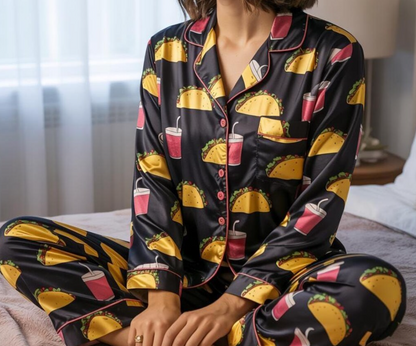 Cute Taco Bell Satin Pajamas Set, Christmas Pajamas, Tacos and Soda Cup Pajamas, Food Lover Pjs, Family Christmas Pajamas, Tacos Lover Pjs