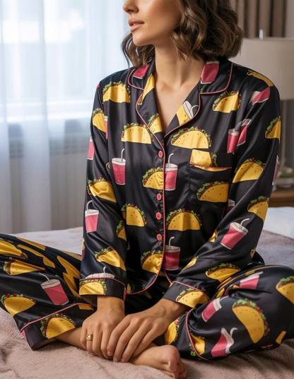 Cute Taco Bell Satin Pajamas Set, Christmas Pajamas, Tacos and Soda Cup Pajamas, Food Lover Pjs, Family Christmas Pajamas, Tacos Lover Pjs