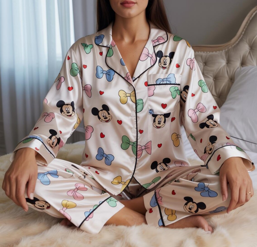 Coquette Mickey Mouse Satin Pajamas Set, Disney Mickey Pajamas, Disney World Loungewear, Mickey and Colorful Bows Sleepwear, Coquette Pajama
