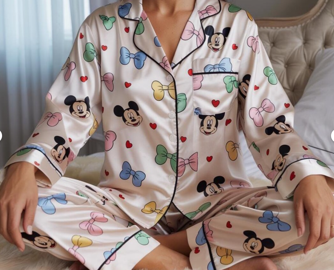 Coquette Mickey Mouse Satin Pajamas Set, Disney Mickey Pajamas, Disney World Loungewear, Mickey and Colorful Bows Sleepwear, Coquette Pajama