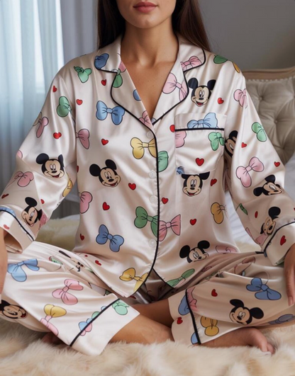 Coquette Mickey Mouse Satin Pajamas Set, Disney Mickey Pajamas, Disney World Loungewear, Mickey and Colorful Bows Sleepwear, Coquette Pajama