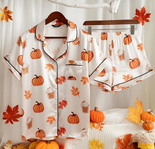Cozy Fall Aesthetic Satin Pajamas Set, Autumn Pajamas, Fall Pajamas, Pumpkin Pajamas, Pumpkin Latte Pajamas, Halloween Pjs, Cozy Season Pjs