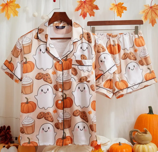 Cute Ghost Pumpkin Satin Pajamas Set, Ghost Pajamas, Coffee Cozy Fall Aesthetic Pajamas, Autumn Pajamas, Halloween Pajamas, Spooky Season