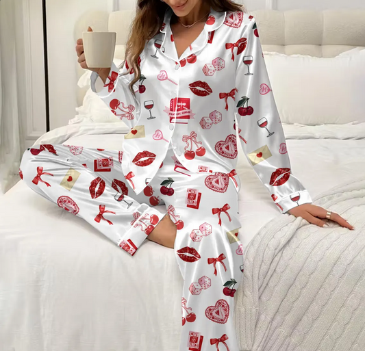 Valentine Satin Pajama Set for Women, Romantic Love Print Sleepwear, Cozy Silky PJs Gift
