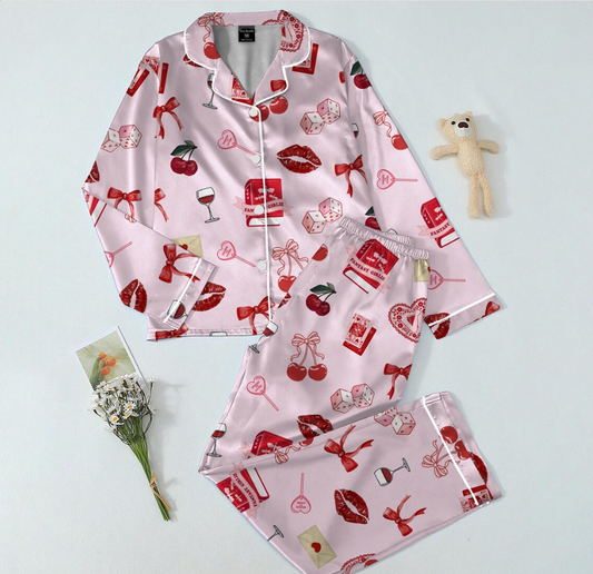 Valentine Satin Pajama Set for Women, Pink Love Print Sleepwear, Cherry Lips Wine Graphic, Romantic Cozy PJs