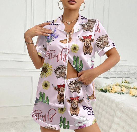 Highland Cow Cowgirl Pajamas, Western Floral Print, Satin Sleepwear Set for Women