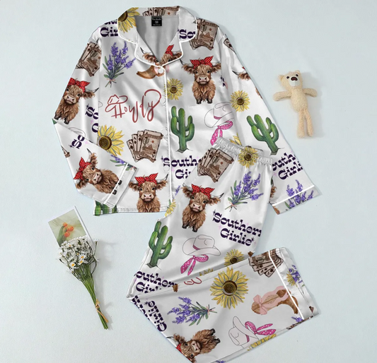 Highland Cow Pajamas for Women, Western Cowgirl Print Satin Sleepwear, Cute Cozy Loungewear