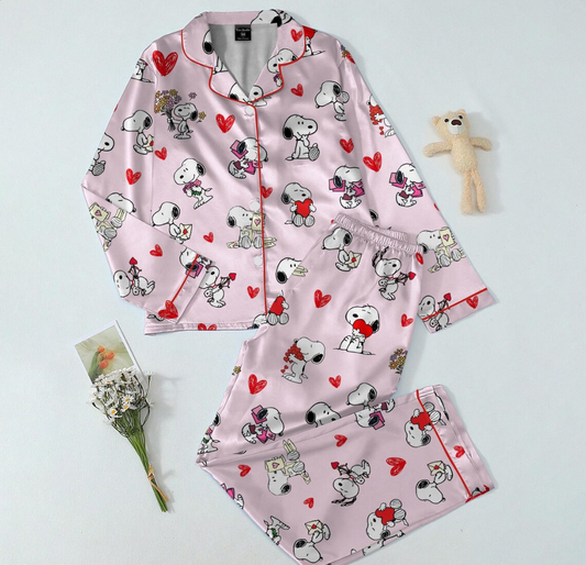 Valentine Cartoon Puppy Pajamas, Cute Love Print PJs Set, Cozy Romantic Sleepwear for Women