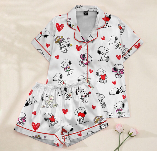 Valentine Dog Print Pajama Set, Cute Puppy Love, Satin Sleepwear, Cozy Romantic PJs for Women