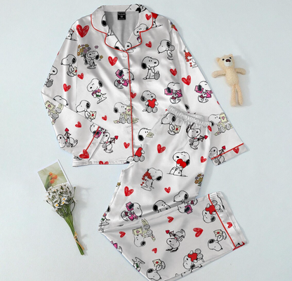 Valentine Dog Print Pajama Set, Cute Puppy Love, Satin Sleepwear, Cozy Romantic PJs for Women