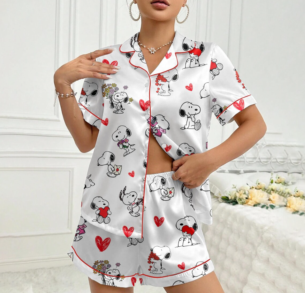 Valentine Dog Print Pajama Set, Cute Puppy Love, Satin Sleepwear, Cozy Romantic PJs for Women